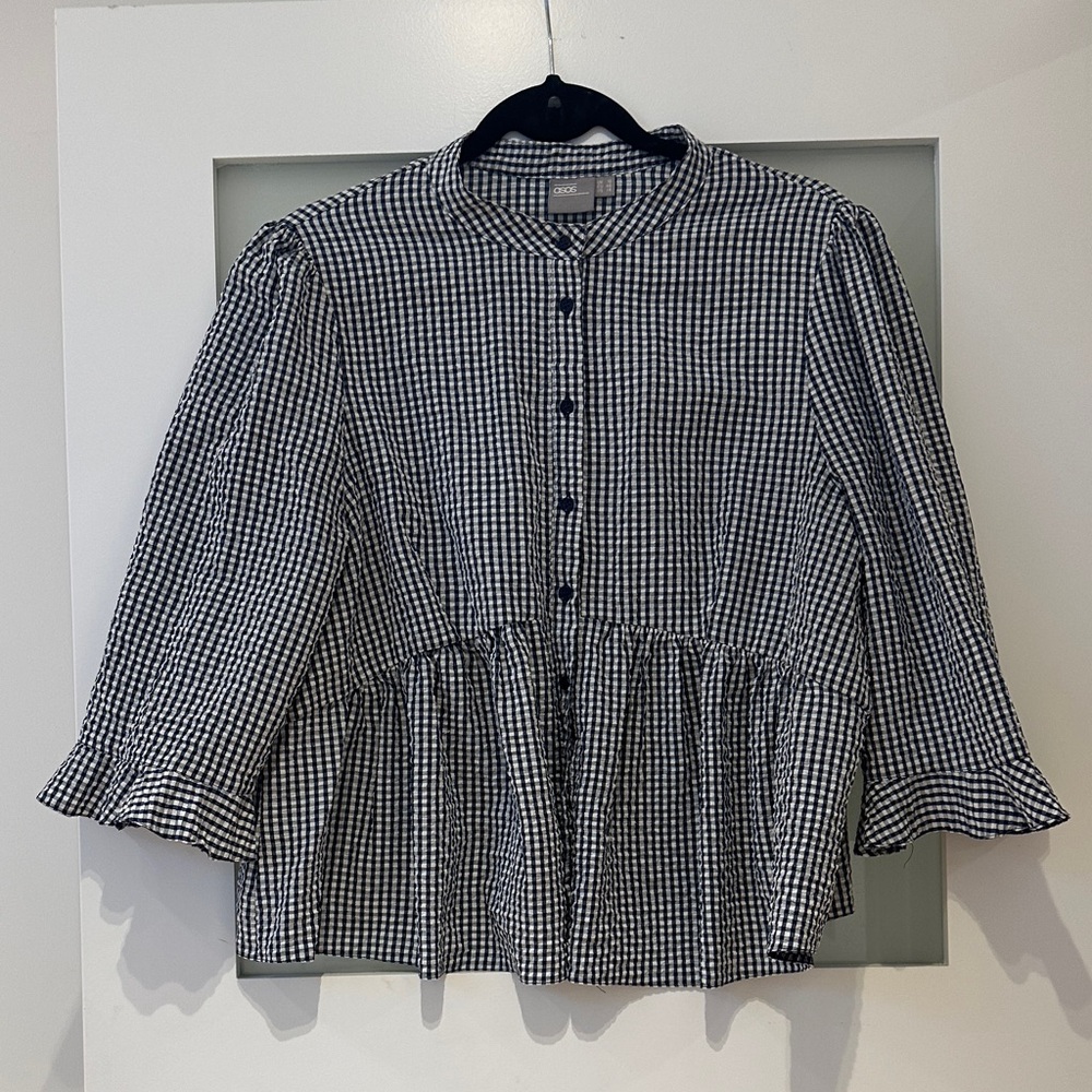 Navy and White Gingham Button Down Blouse